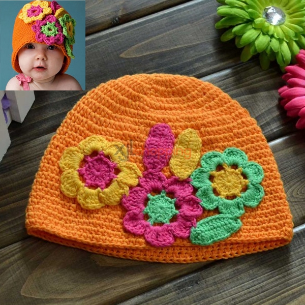 Hand-knitted hat three large flower orange flower hat